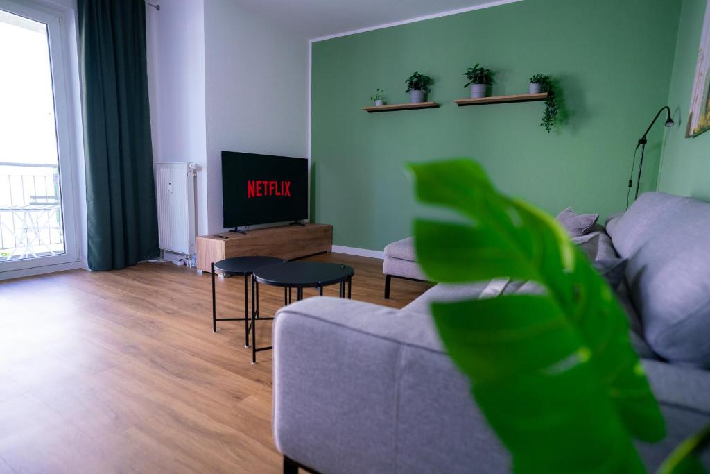 ein Wohnzimmer mit Sofa und Fernseher in der Unterkunft Design Apartment - Balkon - Induktionskochfeld - Zentral in Dresden