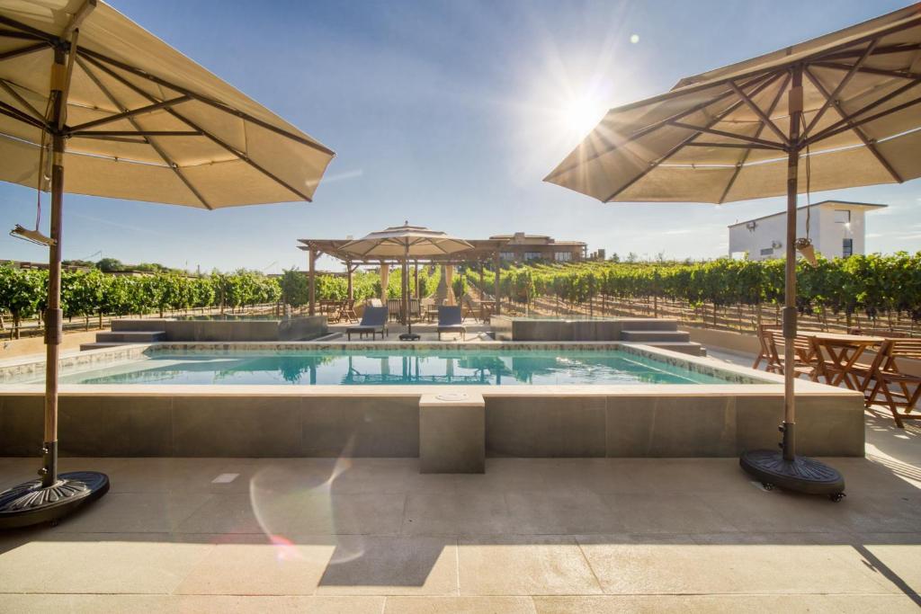 a swimming pool with two umbrellas and a patio at Emmalu Hotel Boutique in San Marcos