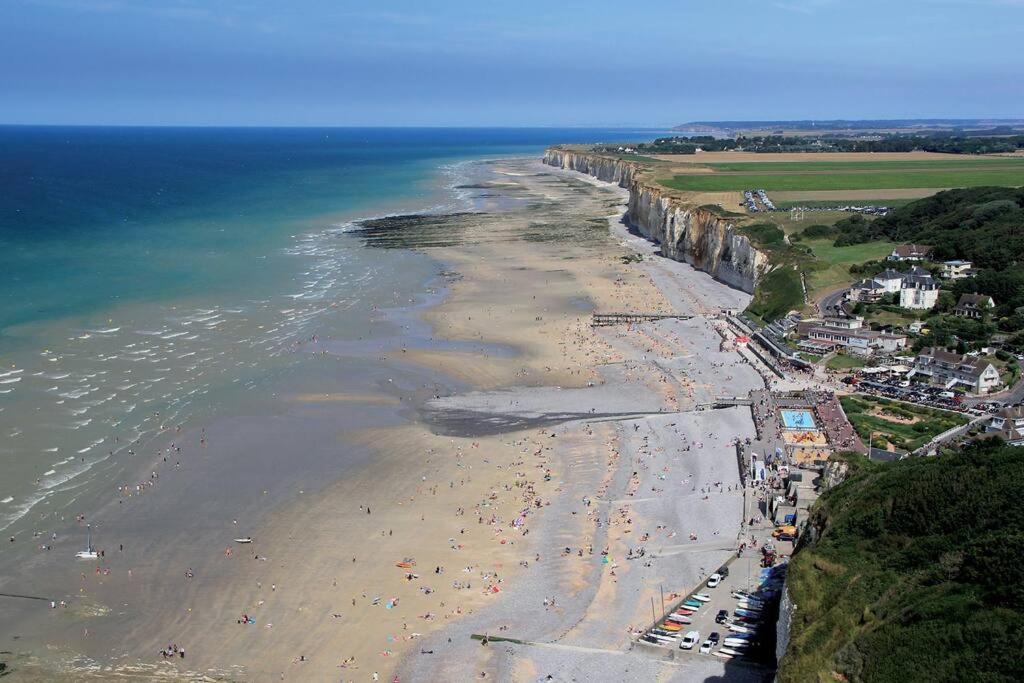 an aerial view of a beach with people on it at La cabine d&#39;Amélie in Veules-les-Roses