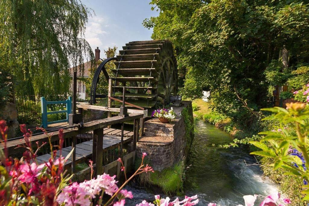 an old waterwheel sitting next to a river with flowers at La cabine d&#39;Amélie in Veules-les-Roses