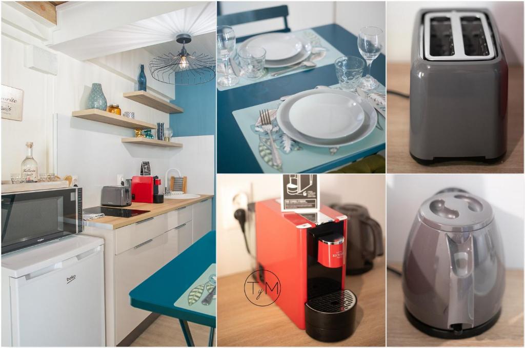 a collage of photos of a kitchen with dishes and appliances at Foyal City Center in Fort-de-France
