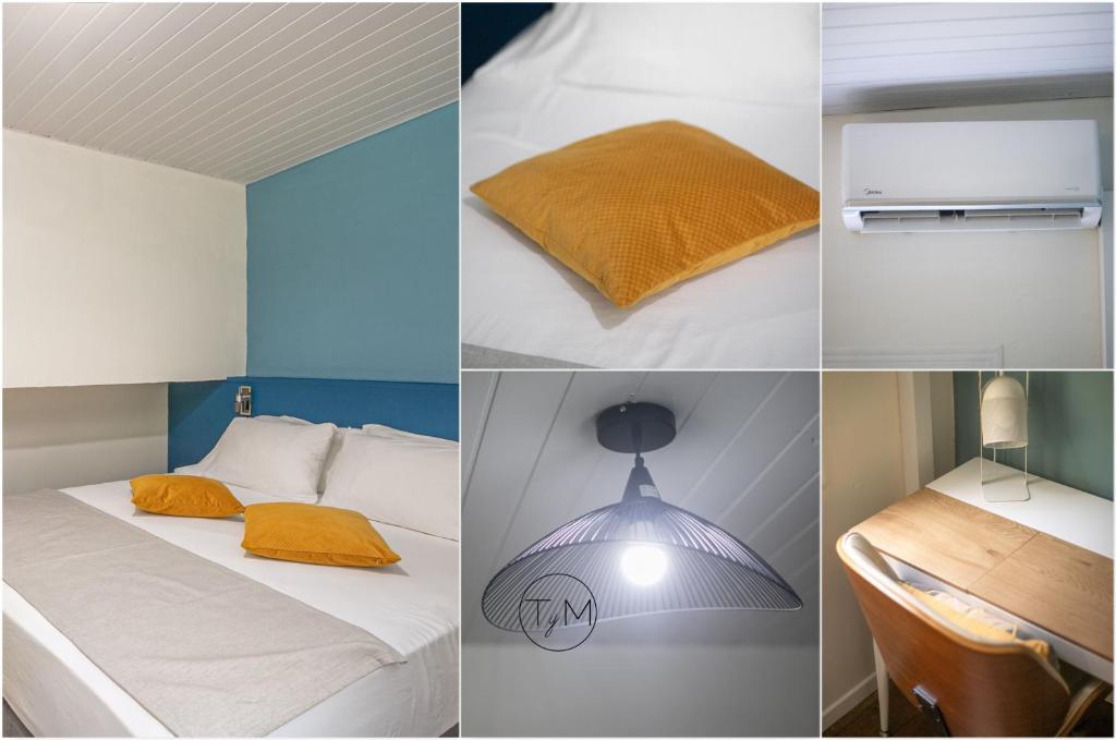 a collage of four pictures of a bed and a light at Foyal City Center in Fort-de-France