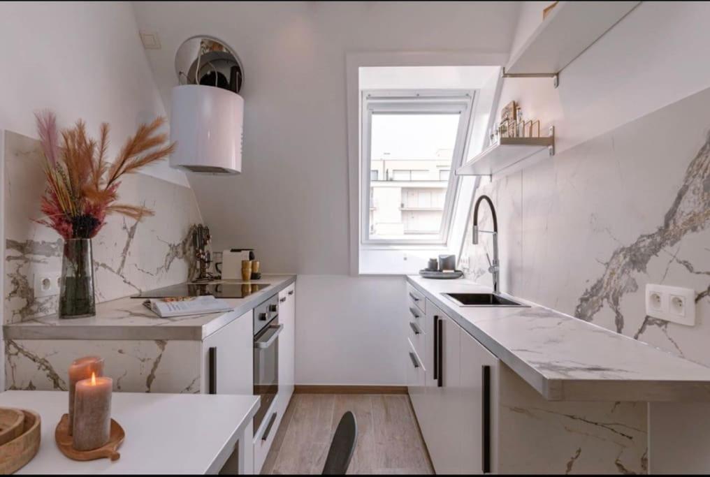 une cuisine blanche avec un évier et une fenêtre dans l'établissement Moderne studio, à Nieuport