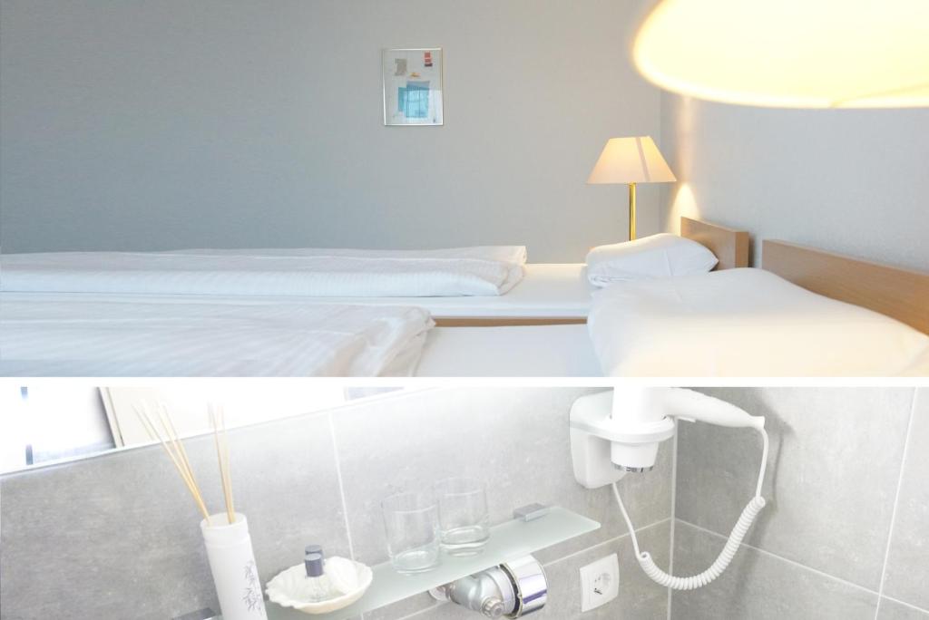 two pictures of a hotel room with a bed at Bürgerhaus in Steinbach im Taunus