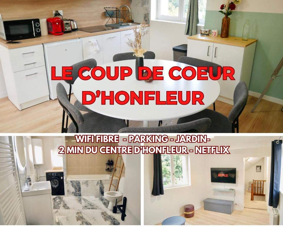 un collage de dos fotos de una cocina y una sala de estar en Le coup de coeur d'Honfleur, en Équemauville