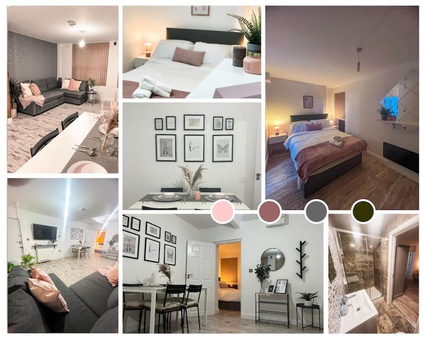 a collage of photos of a bedroom and a living room at Newly furnished Apartment, Leicester City Centre in Leicester