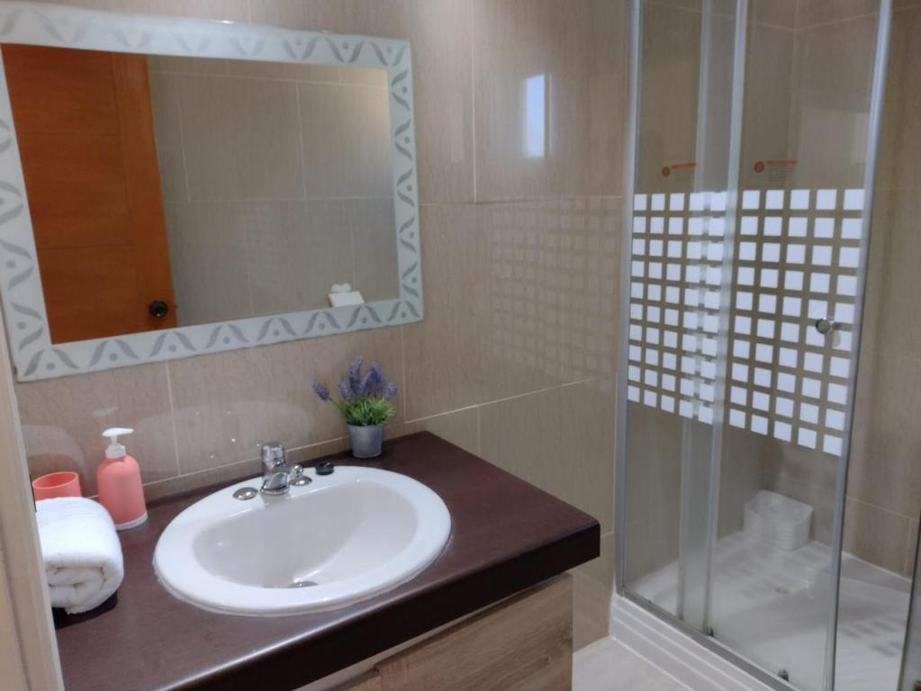 a bathroom with a sink and a shower at Cabañas Puerto Varas in Puerto Varas