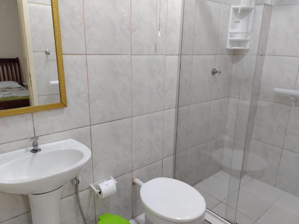 a bathroom with a shower and a toilet and a sink at Pousada Linda Borboleta in Conservatória