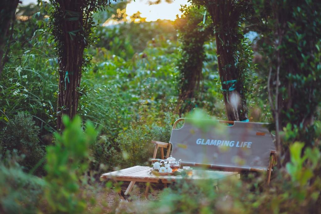 un banc dans une forêt avec un panneau indiquant la vie d'escalade dans l'établissement Thien Phu Homestay and Coffee - Mang Den, à Kon Von Kla