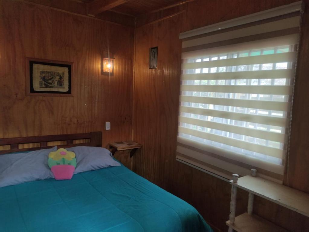 a bedroom with a bed with a potted plant on it at Las 2 Golondrinas in El Quisco