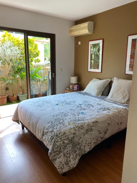 努美阿的住宿－Michelle’s flat by the Sea，一间卧室设有一张大床和一个窗户。