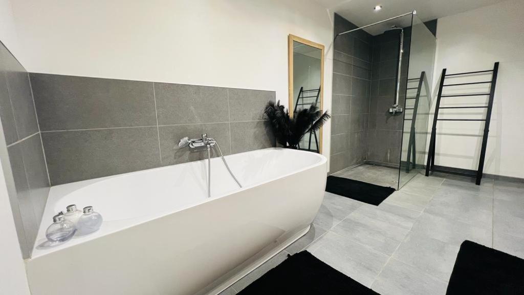 a white bath tub in a bathroom with a shower at La Maison Attila en Ardennes in Libin