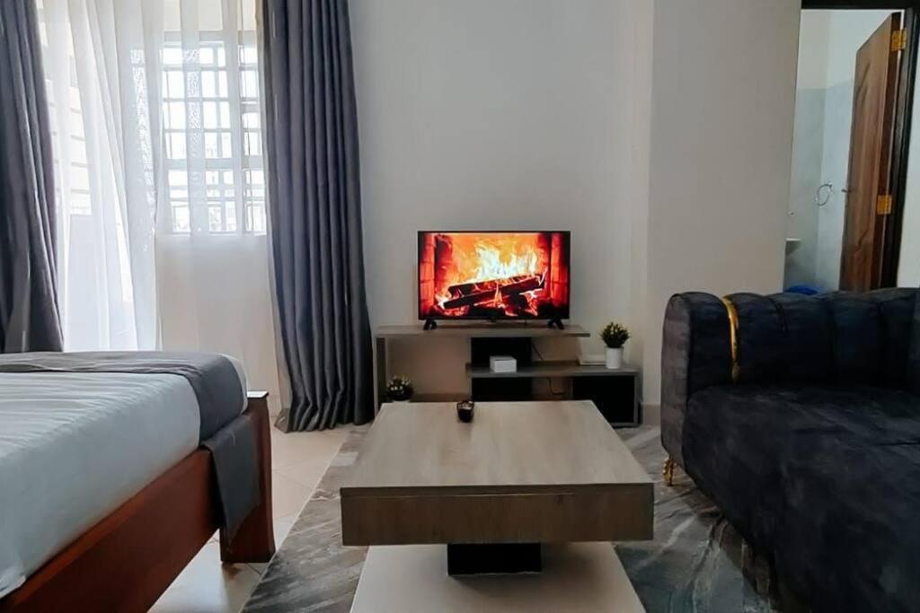 a living room with a bed and a tv and a couch at Premier Stays Ruiru in Ruiru