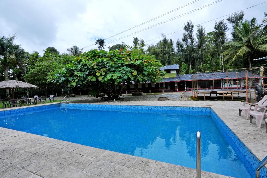 a large blue swimming pool next to a building at Leisure Homestay - Pool, Food, Estate in Chikmagalūr