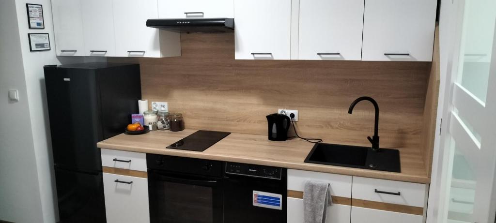 a kitchen with a sink and a black refrigerator at Kawalerka blisko GÓR in Głuchołazy