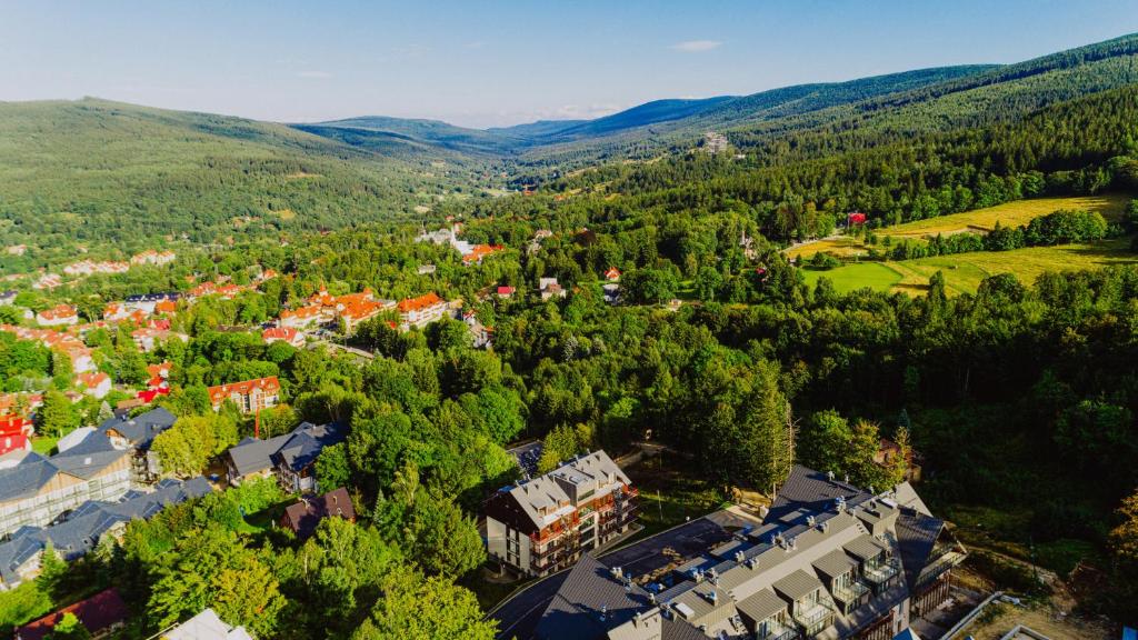 an aerial view of a town with trees and houses at Wonder Home - Apartamenty blisko centrum, tuż przy kolei gondolowej i trasach Single Track in Świeradów-Zdrój