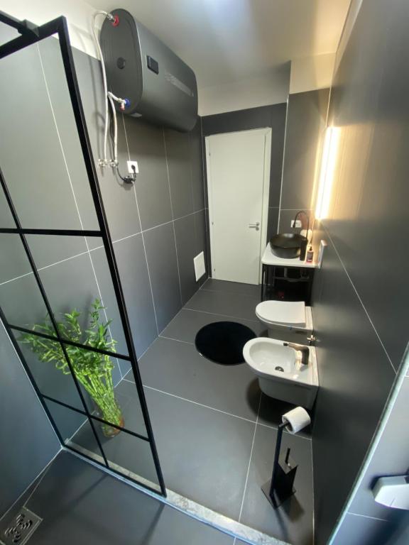 een badkamer met een wit toilet en een wastafel bij Klidi Apartment in Tirana