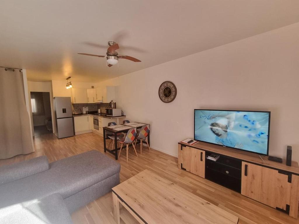 ein Wohnzimmer mit einem Sofa und einem Flachbild-TV in der Unterkunft Location cure et saison centre Dax in Dax