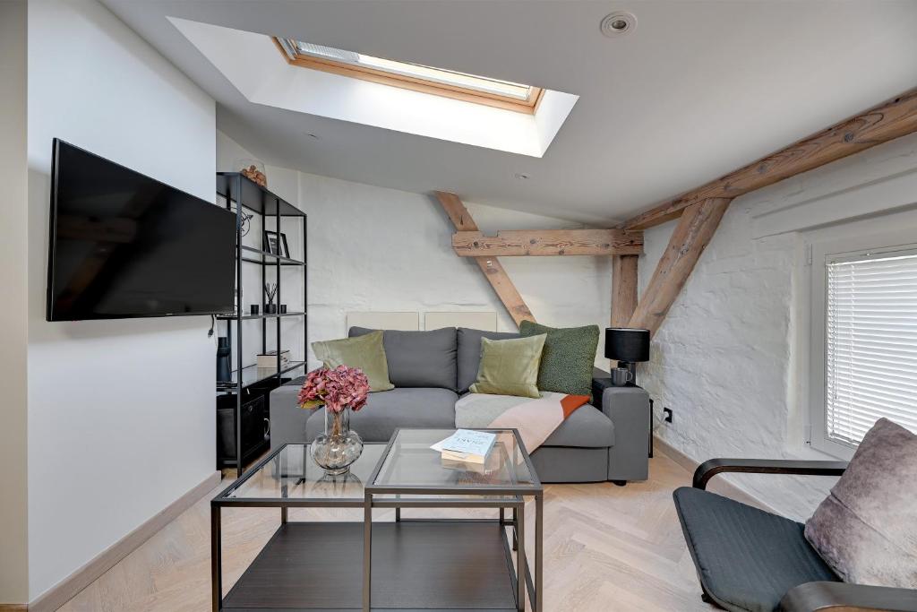 uma sala de estar com um sofá e uma televisão em Lion Apartments - Modern Attic em Sopot