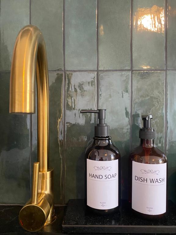 two bottles of hand soap on a counter next to a sink at Aux Arcades Mulhouse Hyper Centre in Mulhouse