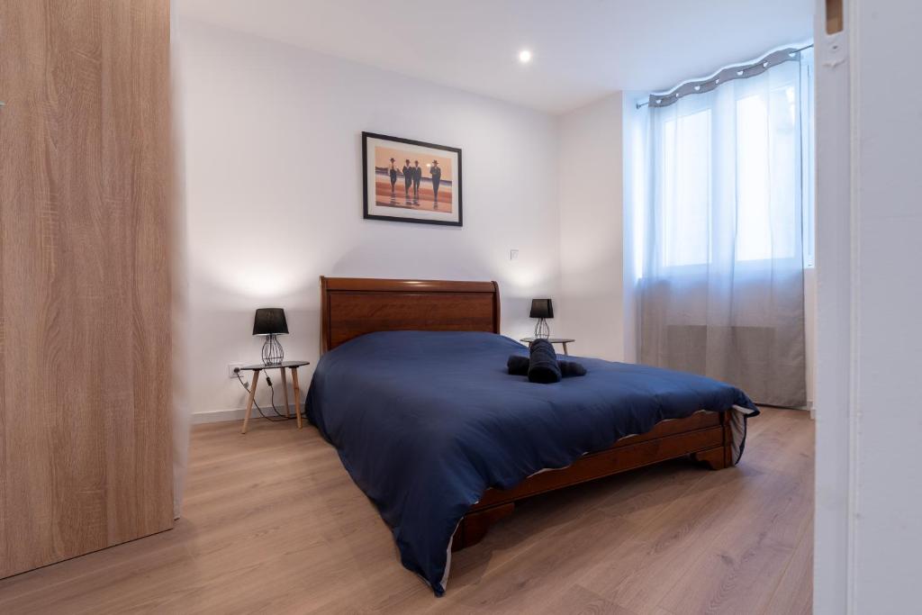 - une chambre avec un lit et une couette bleue dans l'établissement Le Hall-in-one 002 - Spacieux- Tout équipé - Proche commodités et Espace Aréna, à Saint-Chamond