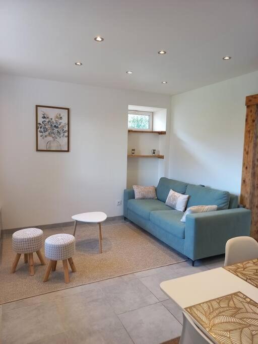 a living room with a blue couch and a table at Appartement Les Géraniums in Remiremont