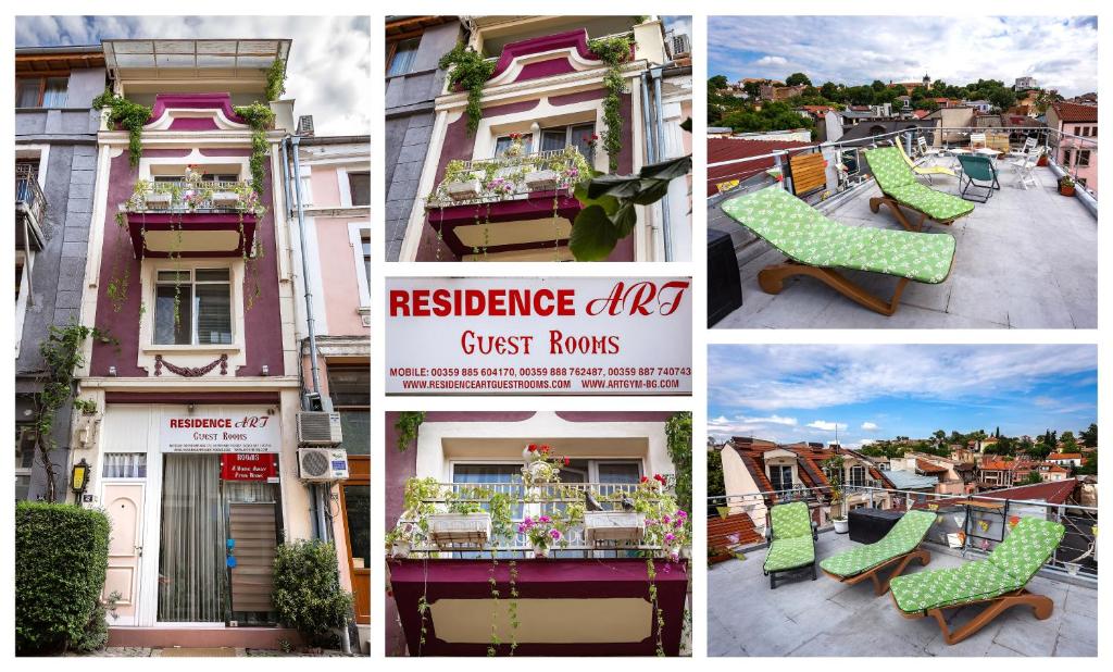 a collage of four pictures of a restaurant with a bench at Residence Art Guest House in Plovdiv