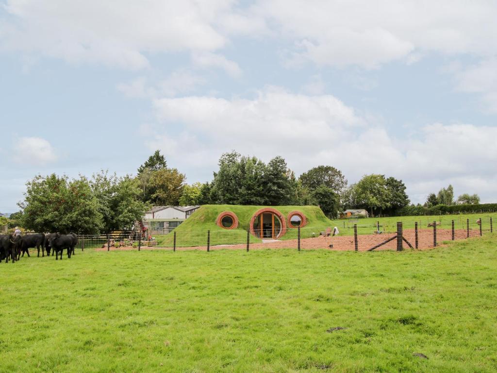 a field with a green building with a fence at Shire's End in Caynham