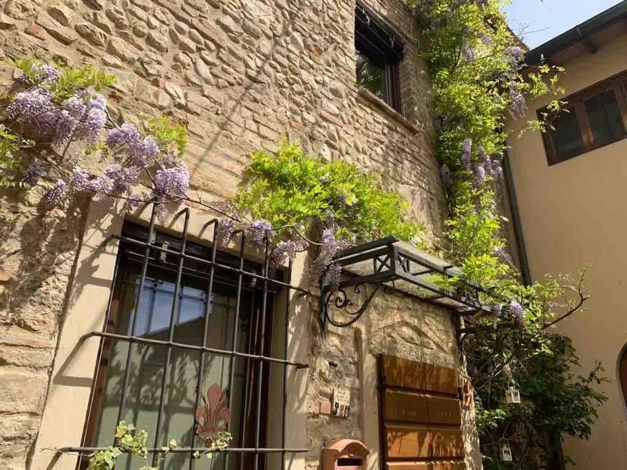 een gebouw met een raam met paarse bloemen erop bij casatorre medioevale in Campi Bisenzio