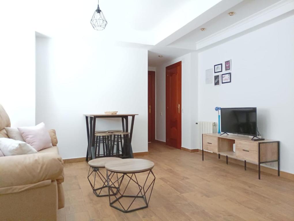 sala de estar con sofá, TV y mesa en Apto céntrico CASA CONCHA VUT 47-127, en Valladolid