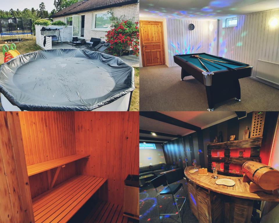 een collage van foto's met een pooltafel en een huis bij KLİPPSTİGEN in Hultsfred