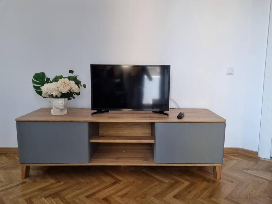 Elle comprend un bureau avec une télévision et un vase de fleurs. dans l'établissement Cozy Apartment Near City Center, à Bucarest