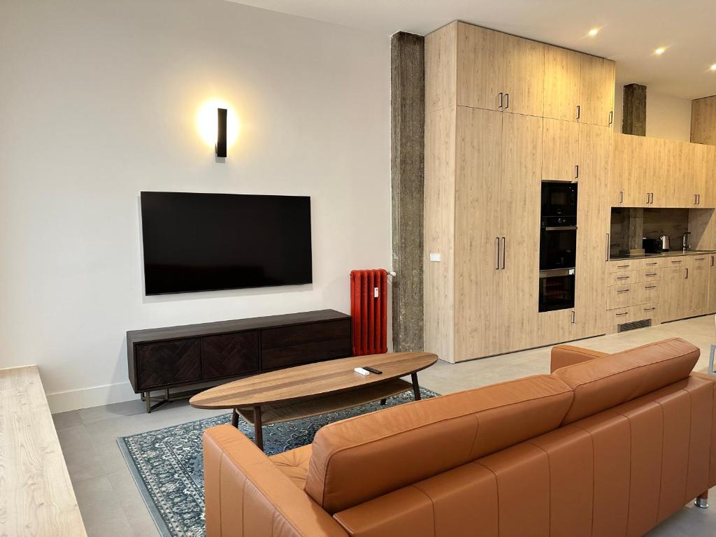 VR Palace Apartments في مدريد: غرفة معيشة مع أريكة وتلفزيون بشاشة مسطحة