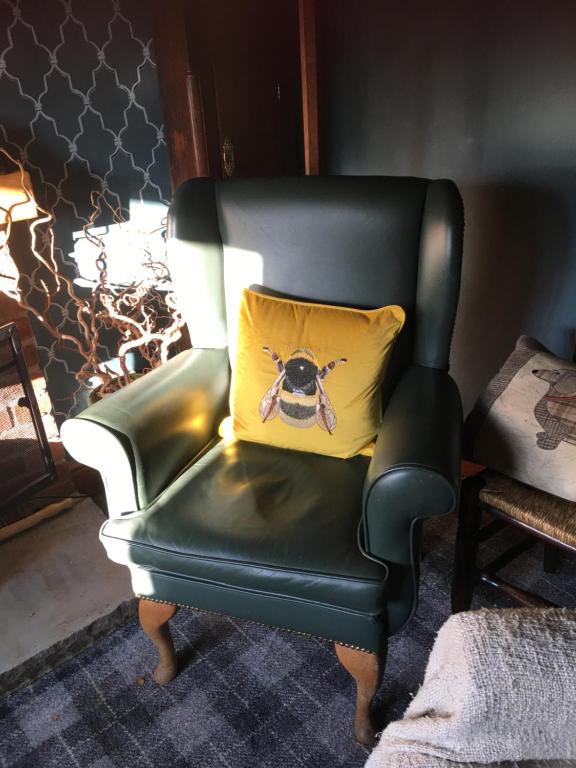 - une chaise verte avec un oreiller jaune dans l'établissement Oscar Park Farm, à York
