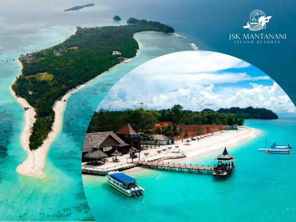 une île avec une jetée et un bateau dans l'eau dans l'établissement JSK Mantanani Island Resorts, à Île Mantanani