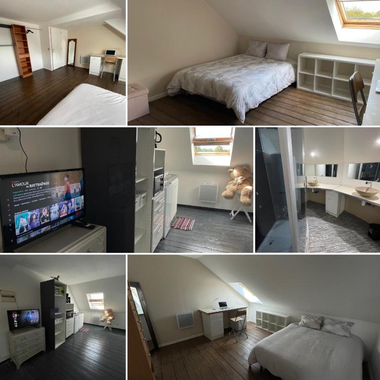 un collage de quatre photos d'une chambre dans l'établissement Chambre chez l’habitant, à Berlaimont