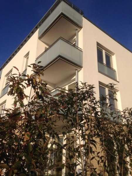 a tall white building with a tree in front of it at ostseestrasse6 in Scharbeutz
