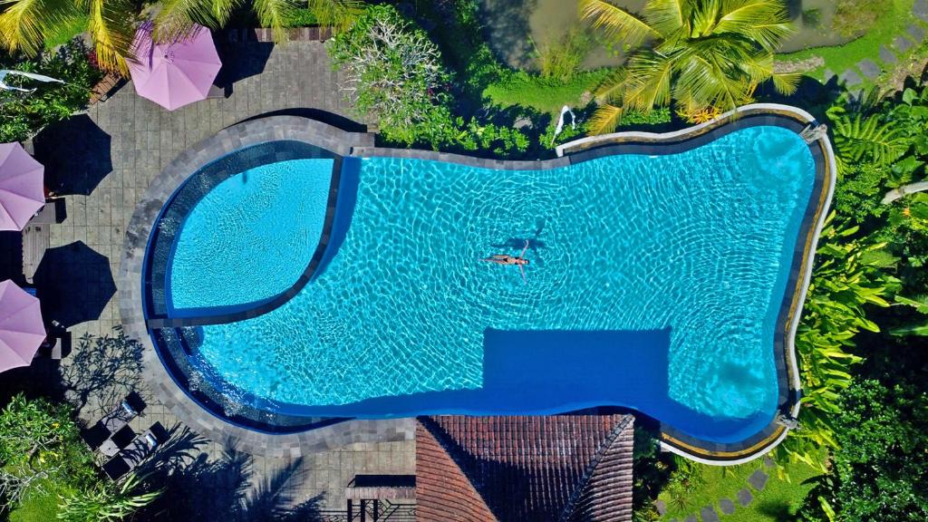 an overhead view of a swimming pool in a resort at Uma Dawa Resort and Spa in Ubud