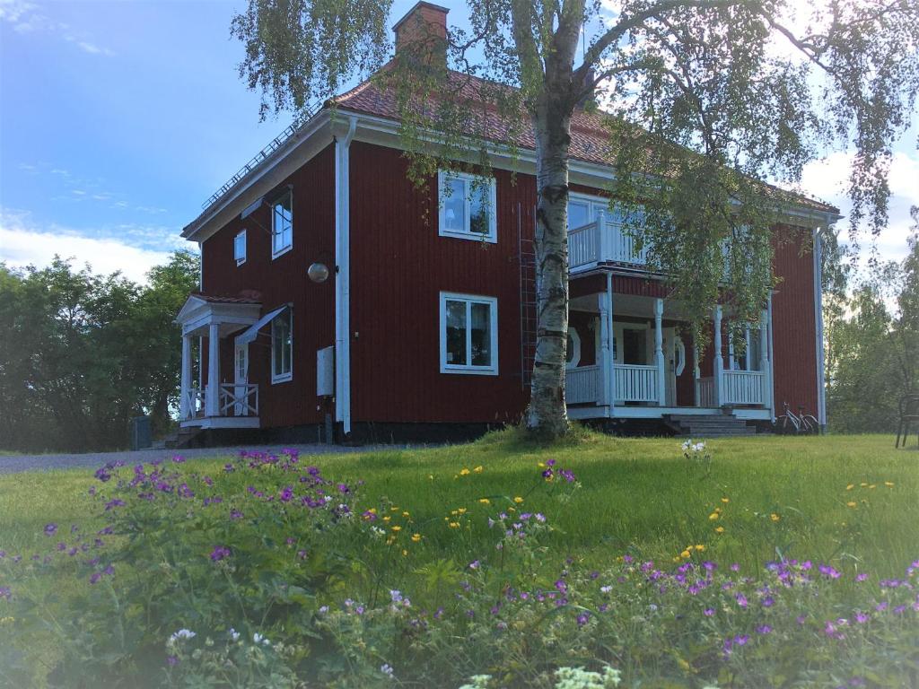 ein rotes Haus mit einem Baum auf einem Blumenfeld in der Unterkunft Jokkmokks Vandrarhem Åsgård in Jokkmokk