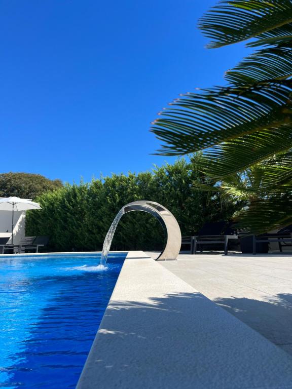einen Pool mit einem Brunnen neben einer Palme in der Unterkunft Holiday Luxury Resort Sundance in Trogir