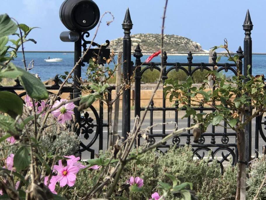 a black fence with pink flowers in front of a beach at Benny's Beach House in Encounter Bay