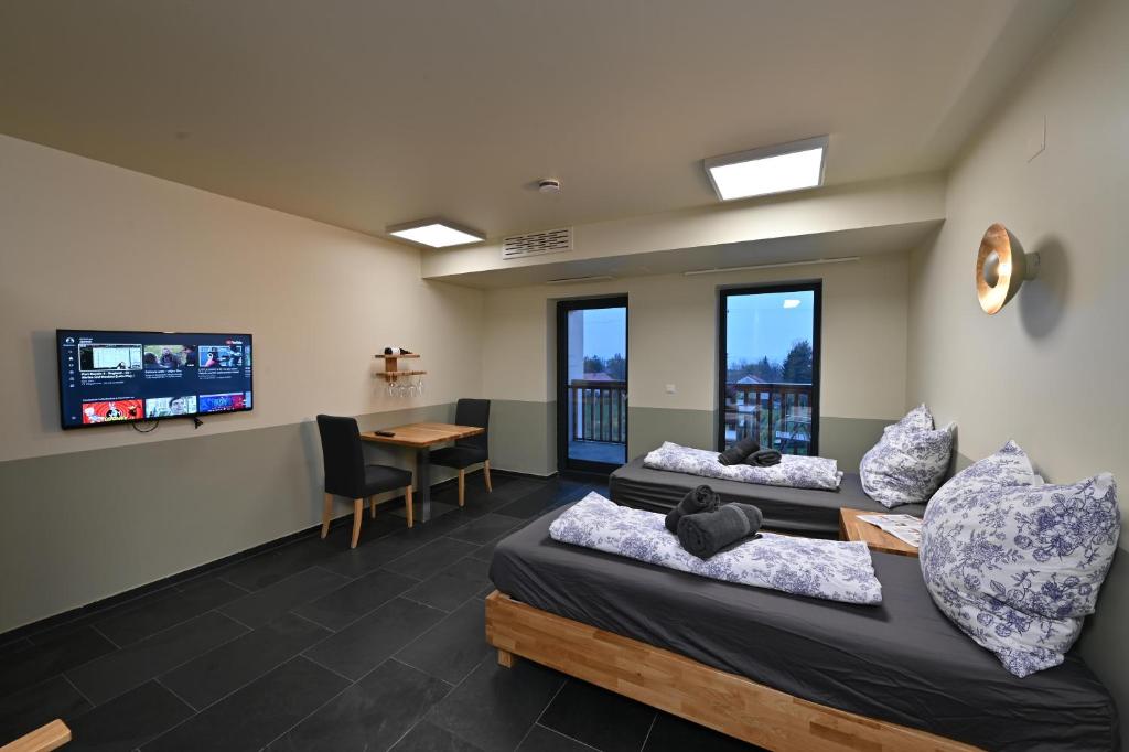 a waiting room with two beds and a tv at Domaine Edegger - Organic Winery Badacsony in Badacsonytomaj