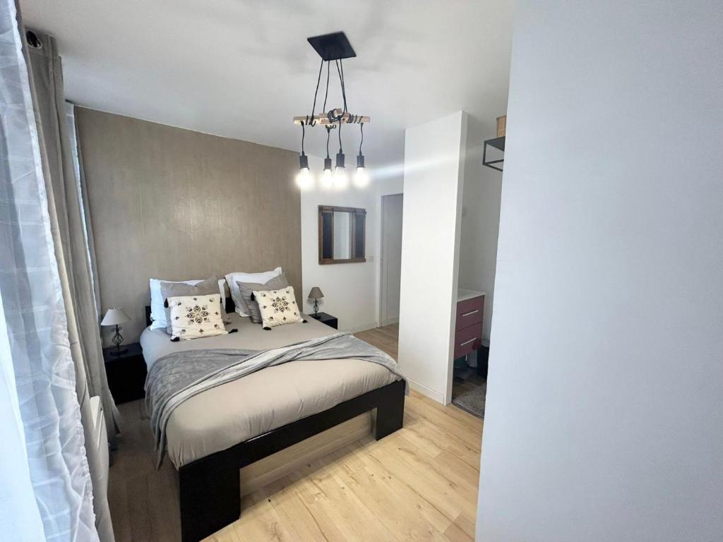 a bedroom with a bed and a chandelier at Appt 2 à deux pas de la gare d'Amiens in Amiens
