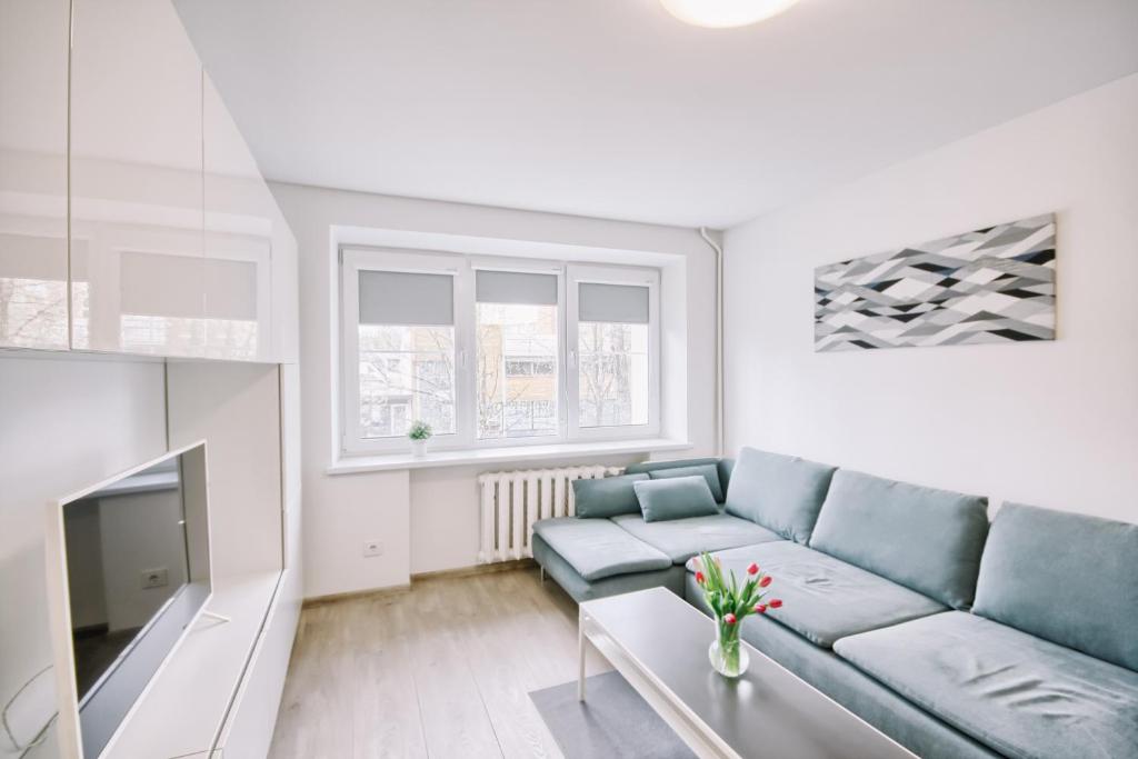 een woonkamer met een blauwe bank en een tv bij DaGys apartments in Druskininkai
