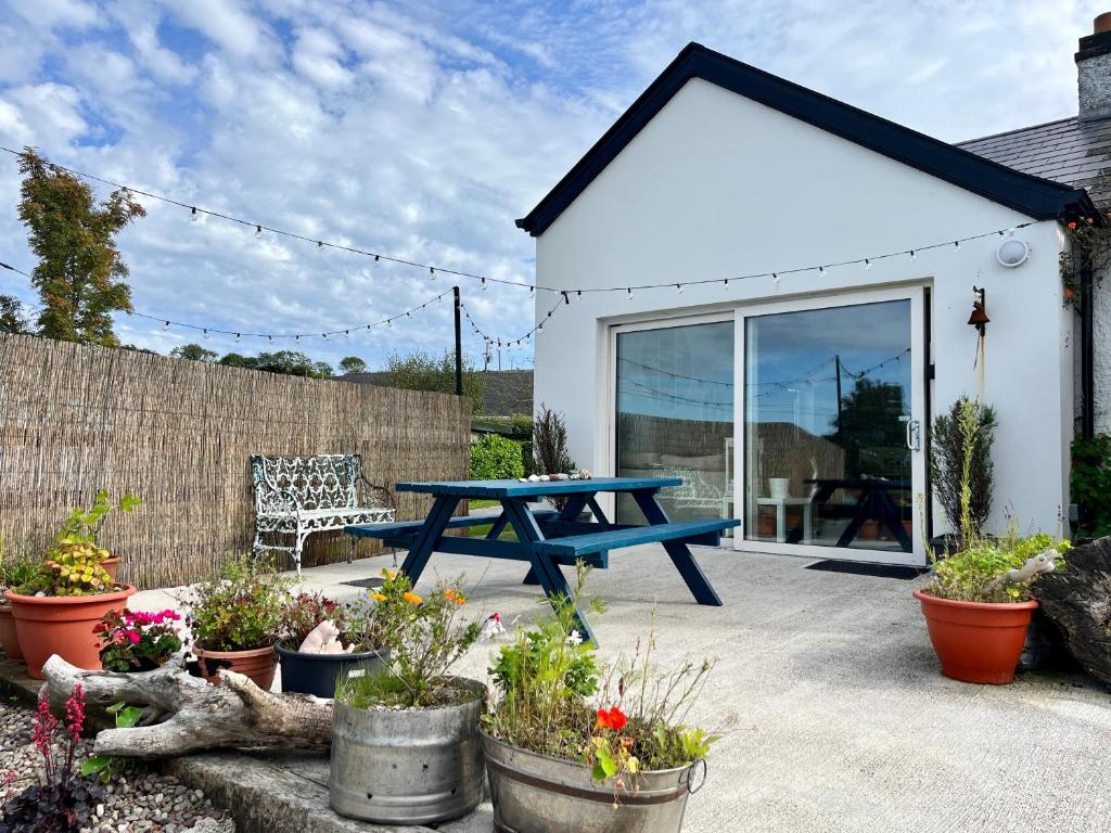 a patio with a blue picnic table and some plants at Harbour view retreat Cró na mbó in Midleton