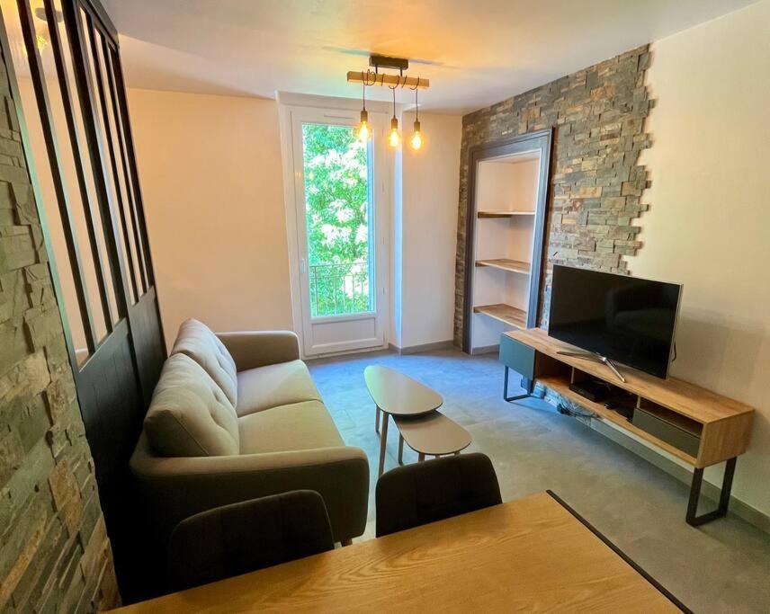 sala de estar con sofá y TV en Appartement centre-ville Annecy en Annecy