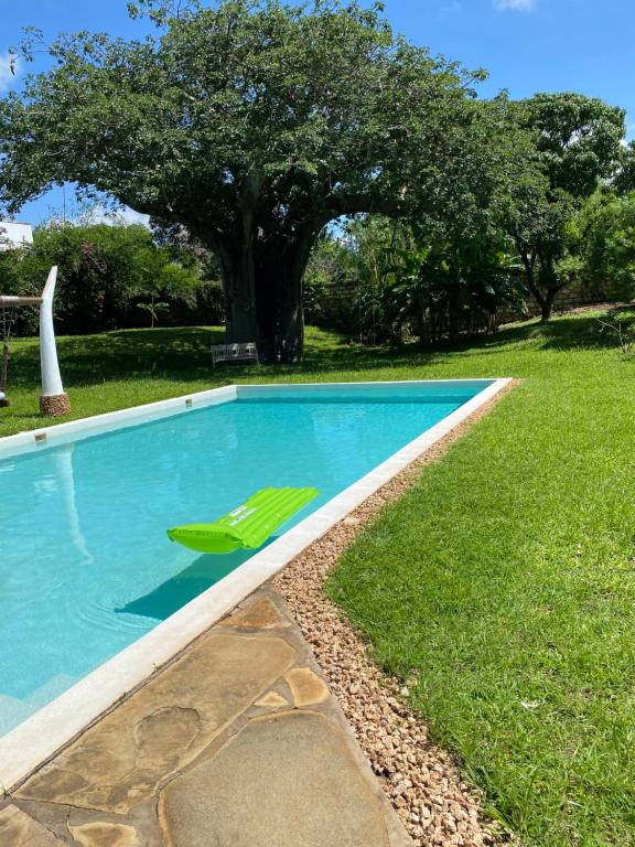 een zwembad met een groene stoel in het gras bij Malindivillabaobab in Malindi