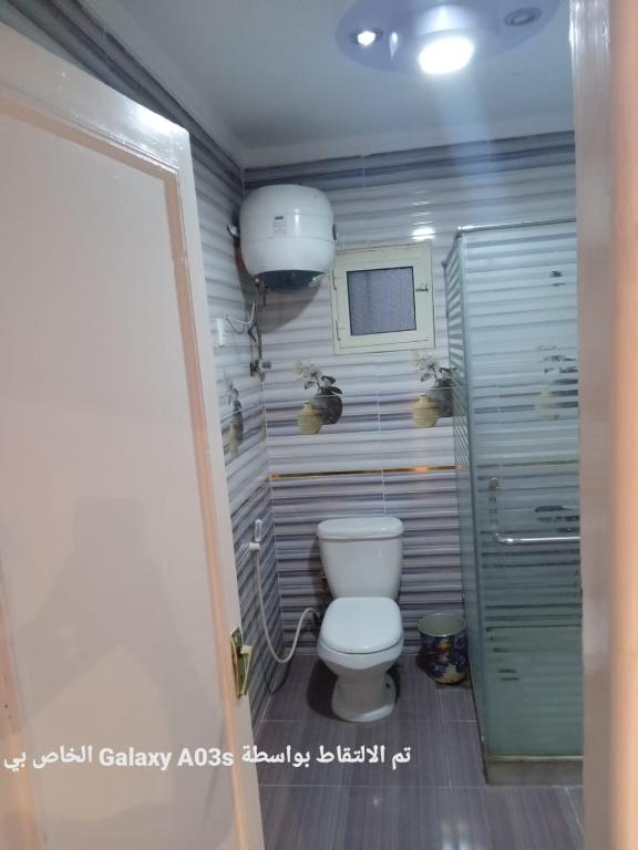 een kleine badkamer met een toilet en een douche bij الاسكندريه in Al Ḩamīdāt