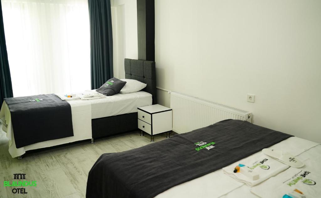 a bedroom with two beds and a window at Blaundus Otel in Usak