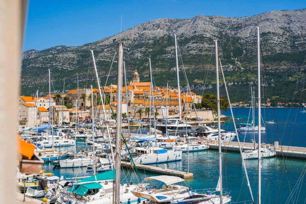 a bunch of boats are docked in a harbor at Apartments and Rooms Denoble in Korčula